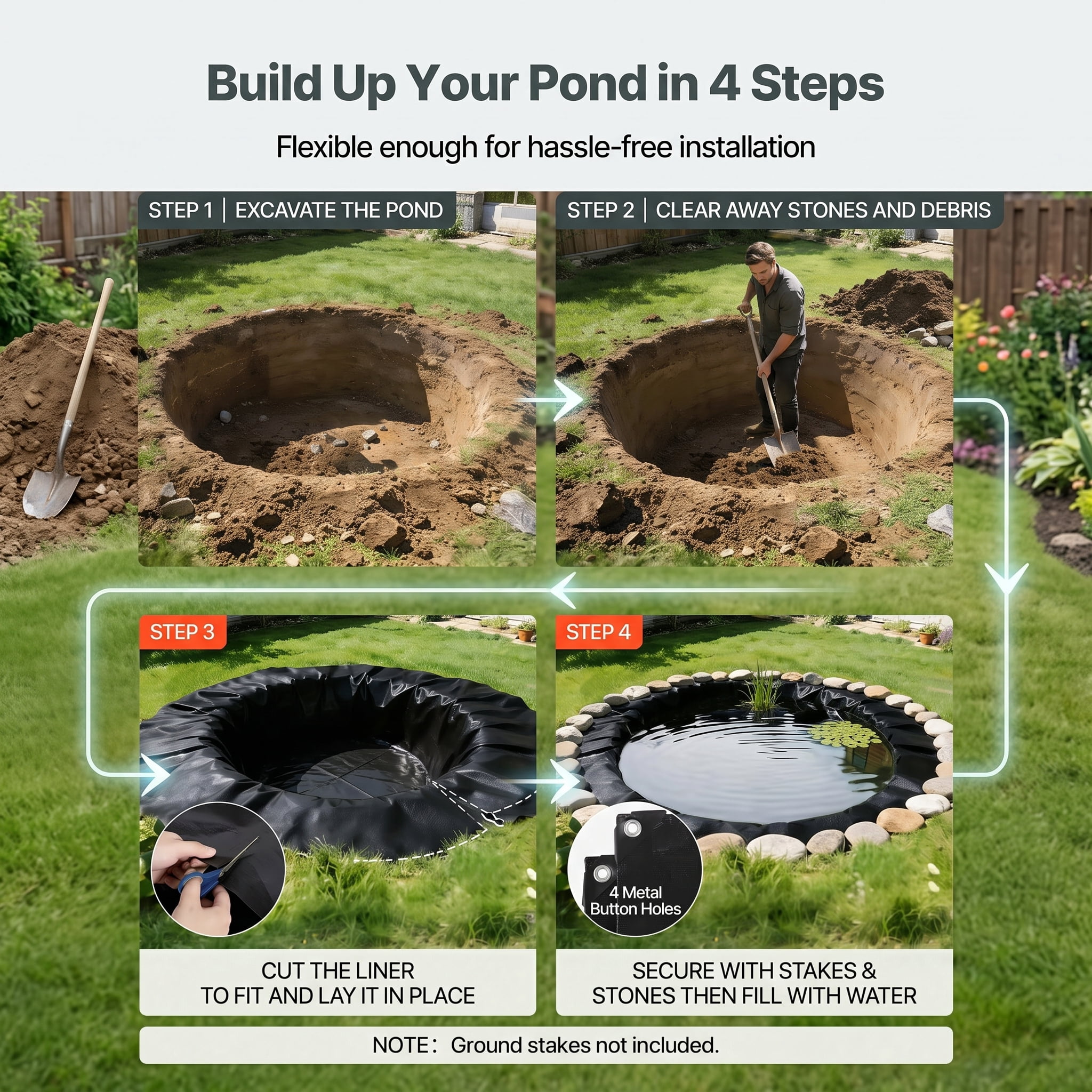 15 x 20 ft Pond Liner, 14 Mil Thickness, 3-Layer Reinforced PE Fish Koi Pond Liner for Outdoor Ponds, with Hemmed Edge and 4 Metal Buttonholes, for Water Garden, Waterfall, and Fountains, Black