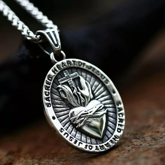 HOOUN Mens Sacred Heart of Jesus Pendant Christian Catholic Necklace Stainless Steel