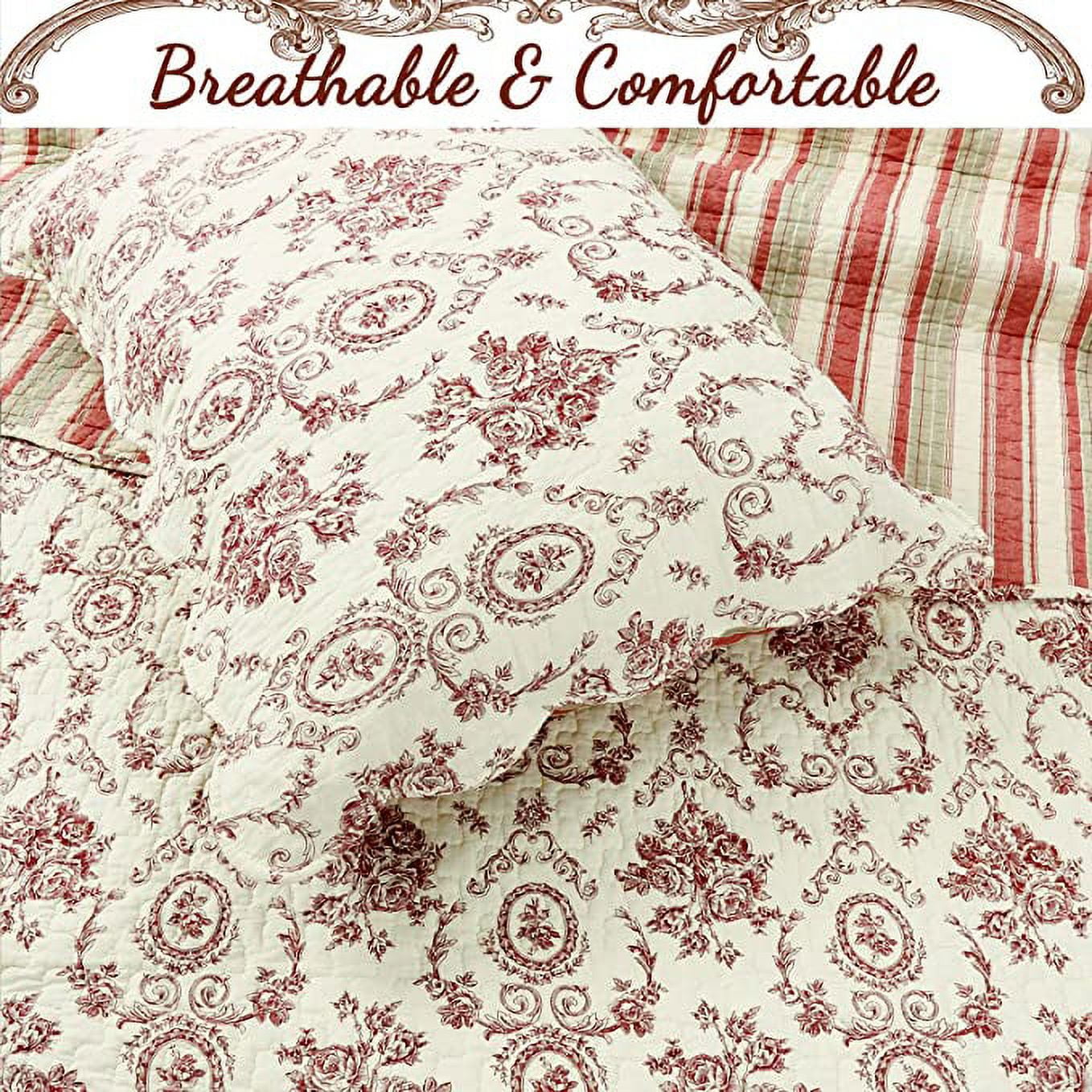 Cozy Line Home Fashions Red Toile Cotton Quilt Set, King - Reversible