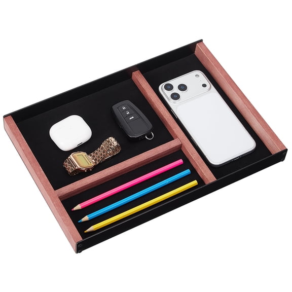 3-Compartment Desk Organizer Tray, Iron & Paulownia Wood Office Drawer Caddy – Black & Wood Tone, Multi-Purpose Storage for Pens, Keys, Phone & Accessories