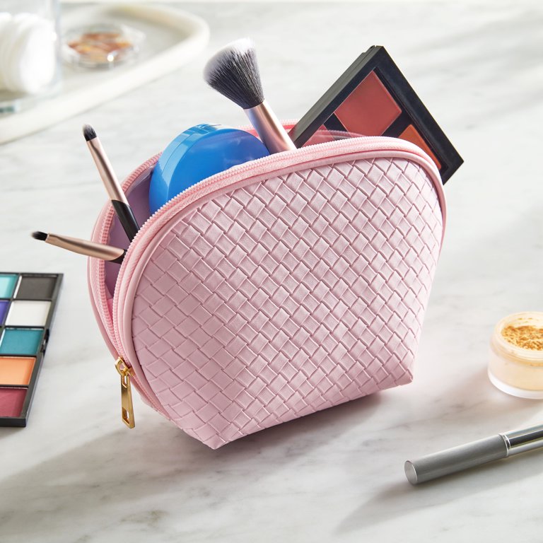 Cosmetic Accessory Pouch with Double Zipper, Baby Pink Basket