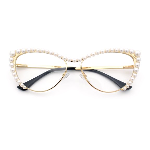Womens Luxe Pearl Jewel Trim Classic Cat Eye Metal Rim Sunglasses Gold - Clear