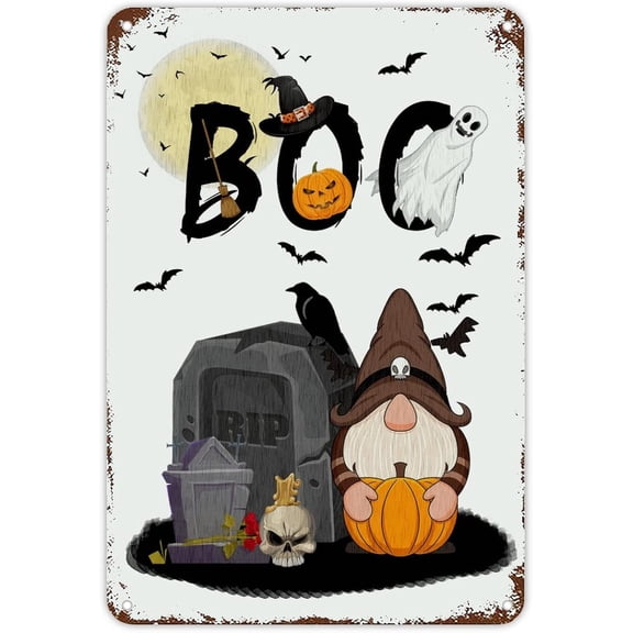 Halloween Witch Gnomes Metal Tin Sign, Spooky Pumpkin Ghost Cemetery Wall Art, Vintage Indoor Outdoor Home Garage Yard Decor, 12 x 8 Inch