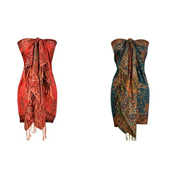 Peach Couture Elegant Reversible Paisley Pashmina Shawl Wrap (Red/Green Gold 2 Pack)