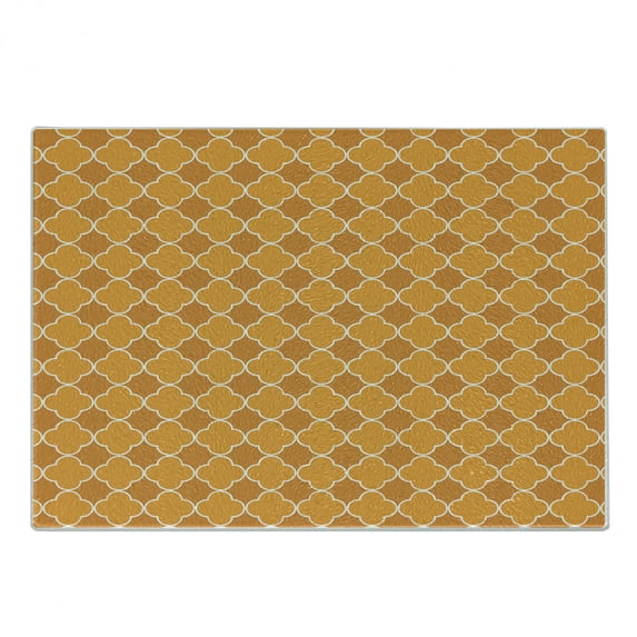 Quatrefoil Cutting Board, Clover Shape Girih Pattern Eastern Trellis Tradition Floral Oriental, Decorative Tempered Glass Cutting and Serving Board, Small Size, Brown Yellow, by Ambesonne