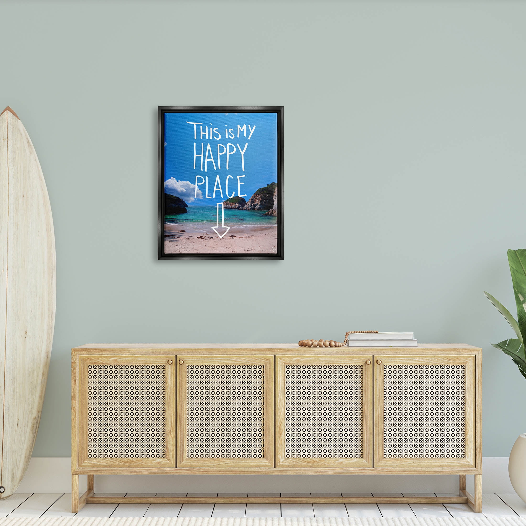 Stupell Industries My Happy Place Summer Beach Graphic Art Jet Black Floating Framed Canvas Print Wall Art, Design by K. Kaufman