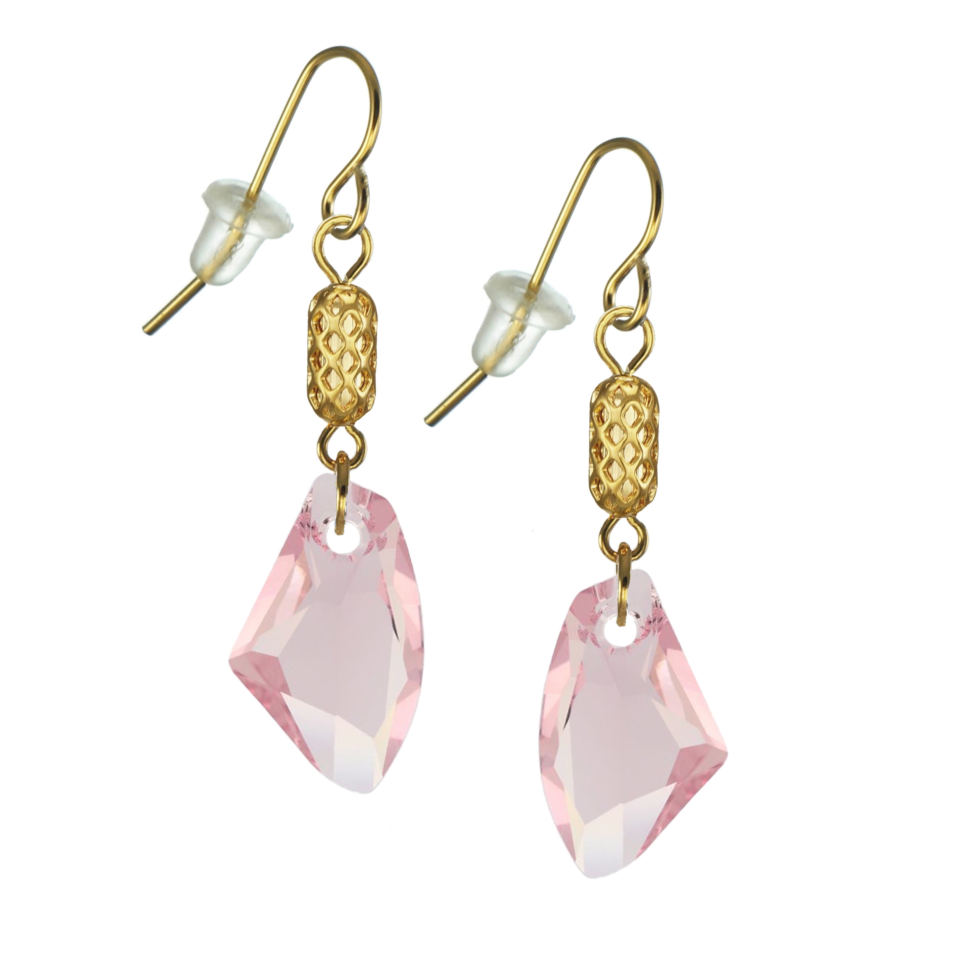 One Pair 19mm Austrian Galactic with Gold Woven Tube Dangle Earrings – Hypoallergenic Earwires - Pink