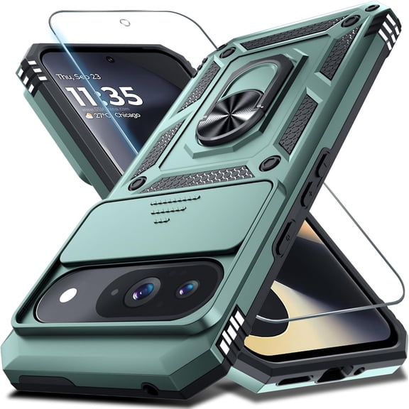 KOMI Case Compatible with Google Pixel 9/9 Pro Built in Slide Camera Lens Cover Screen Protector Finger Ring Holder Kickstand,Heavy Duty Shockproof Full Body Protective Phone Cover, Dark Green