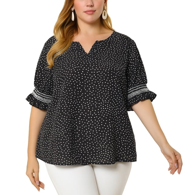 Women's Plus Size Blouse Pin Dots Smocked Floral Boho Blouses Black 2X