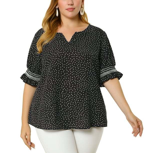 Women's Plus Size Blouse Pin Dots Smocked Floral Boho Blouses Black 4X