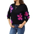 thumbnail image 3 of Floral Sweaters for Women Contrast Color Striped Crew Neck Long Sleeve Loose Knit Pullover Tops Black M, 3 of 10