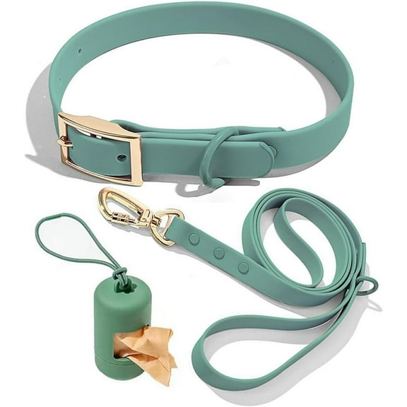 UOSIA Waterproof PVC Adjustable Dog Collar and Leash Set with Poop Bag Holder,Green