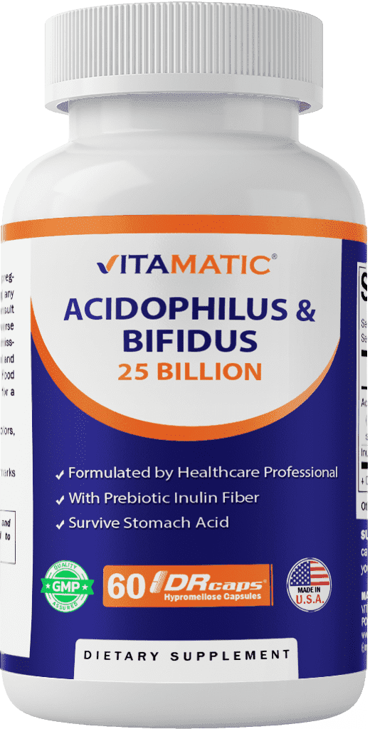 (3 pack) Vitamatic Acidophilus Bifidus 25 Billion DR Capsule - 60 Count - Digestive Support - Made with Prebiotic Inulin Fiber
