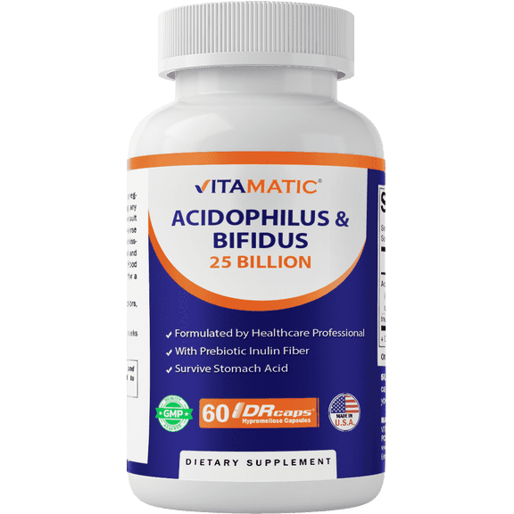 Vitamatic Acidophilus Bifidus 25 Billion DR Capsule - 60 Count - Digestive Support - Made with Prebiotic Inulin Fiber