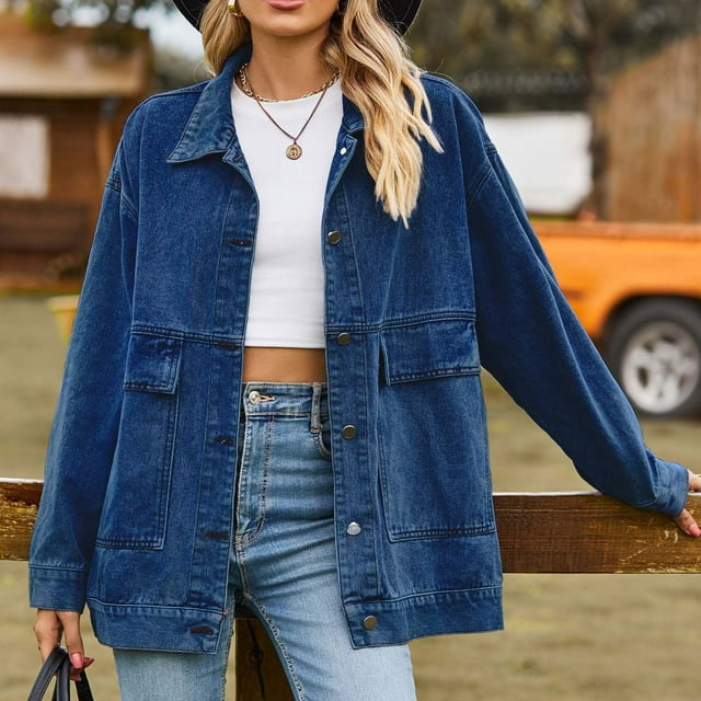 EGNMCR Manteau et Vestes en Denim à Manches Longues Sans Capuche Décontractés pour Femmes Col à Revers Manteau Poche Bouton Régulier Manteau en Denim Sans Capuche Hauts à Manches Longues pour Femmes Manteau