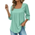 thumbnail image 5 of yunLCZ Casual Tops Everyday Low Price A Vintage Solid Color T Shirt With A Square Neck For Ladies A Casual Pleated Loose And Flowing Three Quarter Sleeve Top Everyday wear simple women's T-shirts, 5 of 7