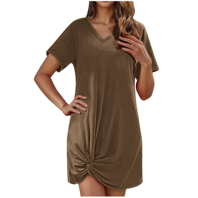 Hyknon Robes d'Été pour Femmes Couleur Unie Ample Grande Taille Fluide Ligne A Robes de Plage Douces Confortables Col Rond Manches Courtes Robes de Plage
