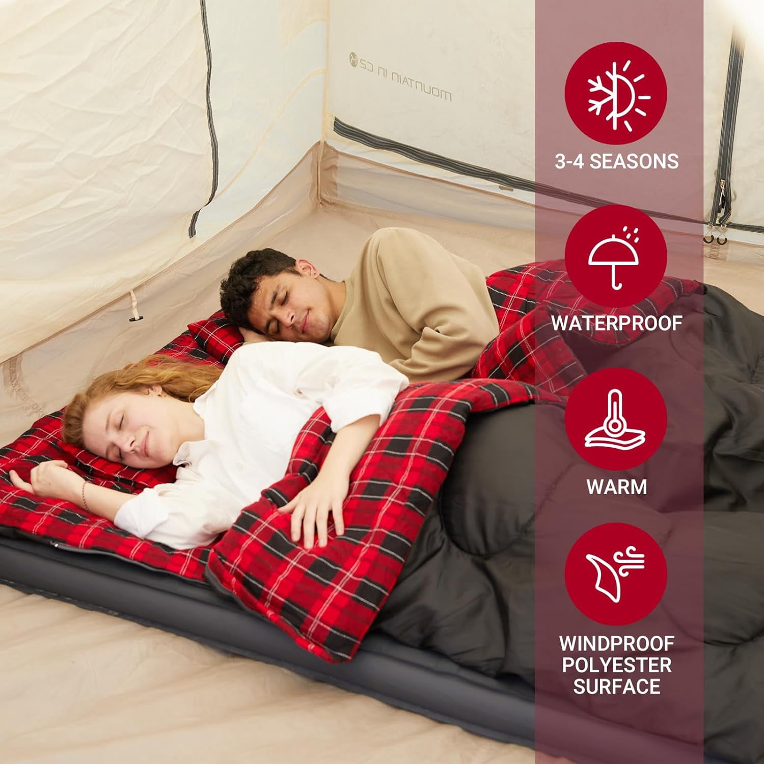 KingCamp Cotton Flannel Queen Size 2 Person Double Sleeping Bags with Pillows for Adult Lightweight Compact Backpacking Camping 20°F for Couples & Family Black