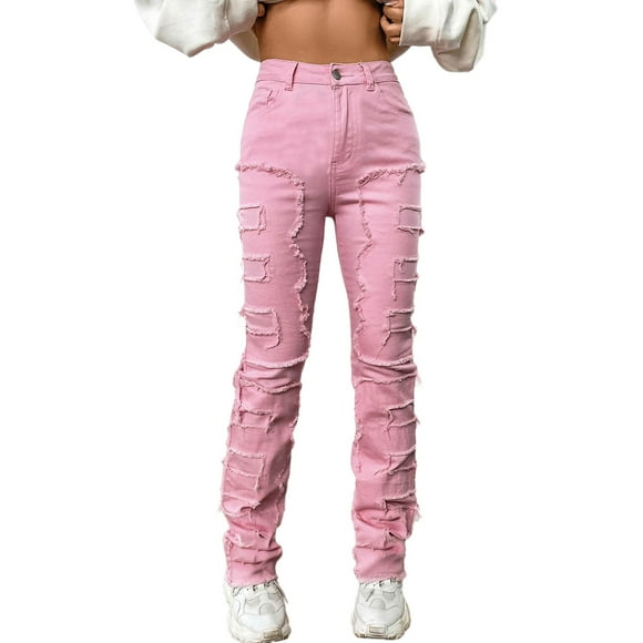 Bmisegm Women's Embroidered Stretch Stacked Straight Leg Jeans, Pink, M