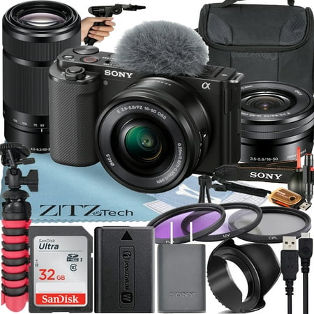 Sony Alpha ZV-E10 Mirrorless Vlog Camera with 16-50mm Lens + 55-210mm Lens + 32GB Memory Card + Filter Kit + Tripod + Case + ZeeTech Accessory Bundle (Black)