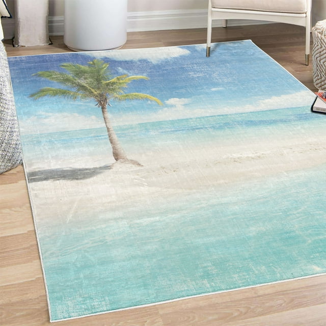 Ocean Decorative Rug, Idyllic Scenery Seashore Picture Sun Rays View with Palm Tree Tropical Beach, Quality Carpet for Bedroom Dorm and Living Room, 6 Sizes, Aqua White Green, by Ambesonne