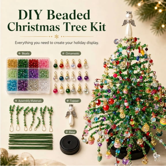DIY Beaded Christmas Tree Kit, Mini 3D Crystal-Style Lighted Tabletop Decor