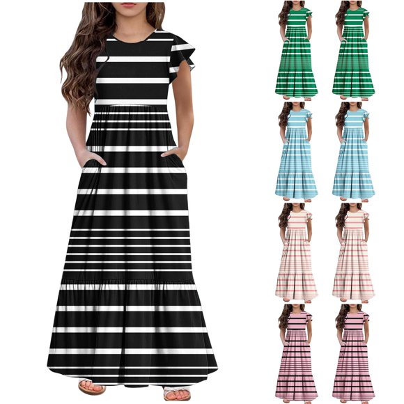Tranfacy Robes d'Été pour Ados, Robes d'Été pour Filles, Robe d'Été pour Filles de 6 à 12 Ans à Manches Courtes, Col Rond, Décontractée, à Pois, Robe Longue Ample et Confortable