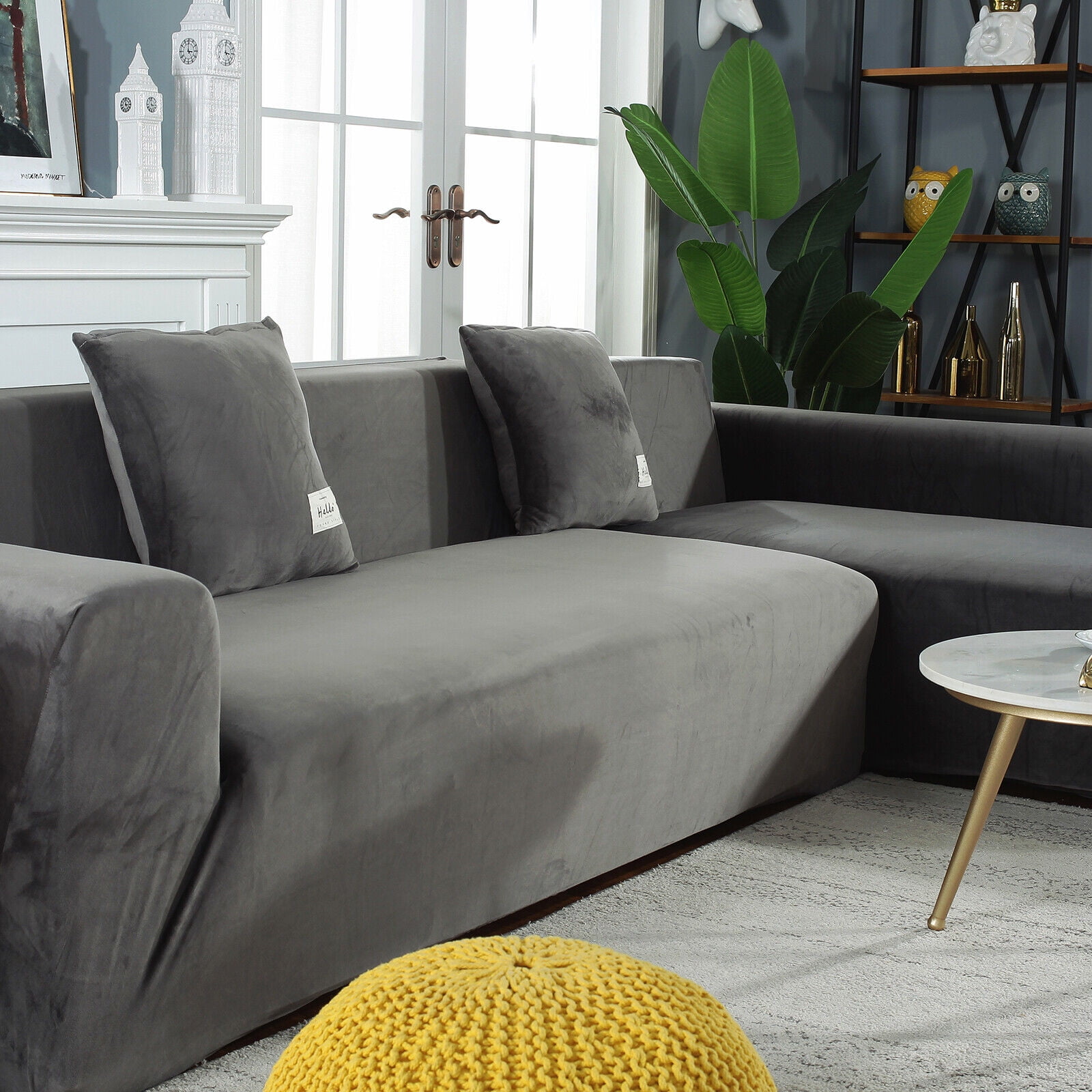 SHANNA Thick Velvet L Shape Sofa Covers, Non-Slip Sectional Couch Cover Protector Plush Sofa Slipcovers with 2pcs pillowcase for Living Room