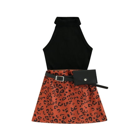 

ZIYIXIN Toddler Girl Casual Outfits Sleeveless High Collar Knit Top Leopard Short Skirt with Belt Summer Playwear Black 1-2 Years