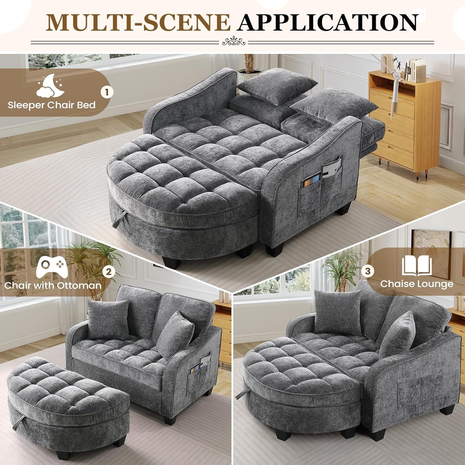 MOONMISS Oversized Chair and A Half, Chenille Tufting Accent Cozy Reading Sofa Chair with Storage Ottoman, Upholstered Loveseat Chaise Lounge Sofa with Adjustable Back for Living Room,Gray