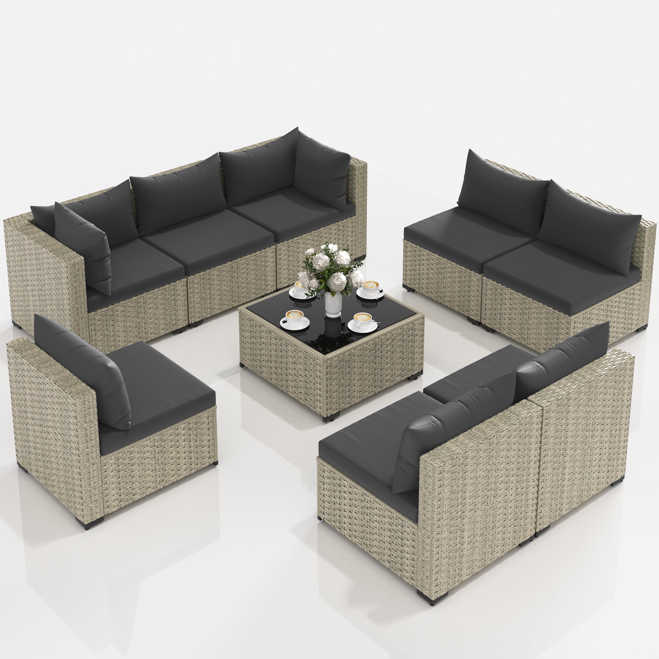 UDPATIO 9 Pieces Outdoor Patio Furniture Set, Outdoor Wicker Patio Conversation Set with Cushions for Backyard, Porch, Garden(Black)