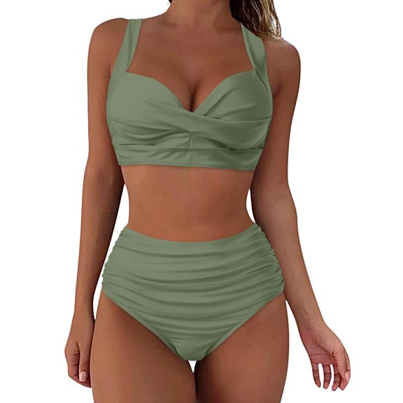 Cathalem 2 Piece Bathing Suits for Women High Waisted Color Block Swimsuit 2025 Summer Beach Swim Bathing Suit (AG,M)