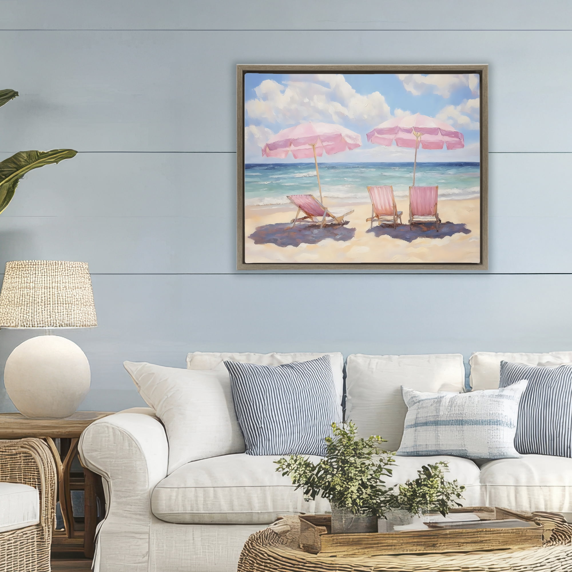 Stupell Industries Pink Summer Chairs by the Sea Brown Framed Floater Canvas Wall Art, design by LSR Design Studio