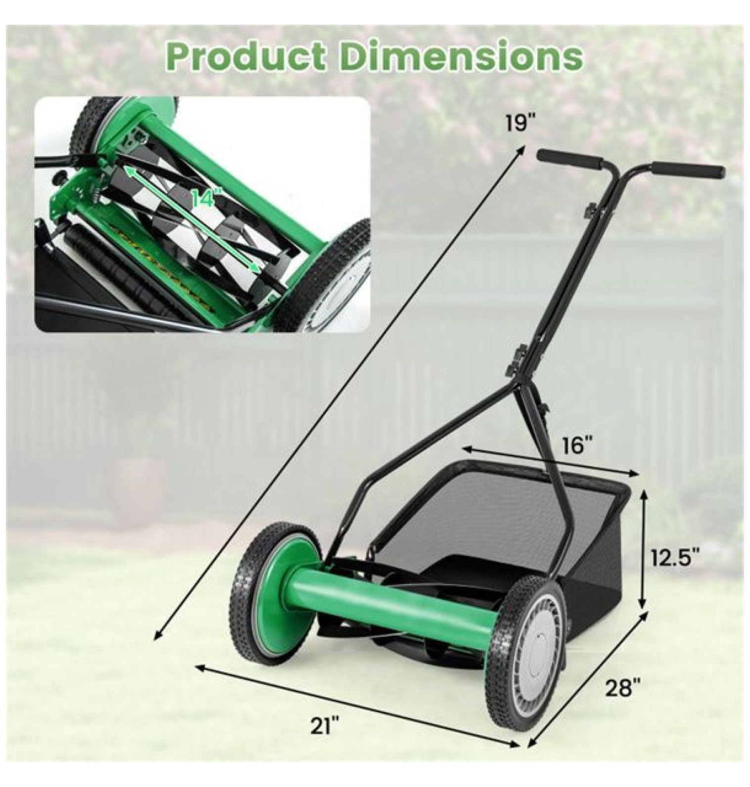 14 Inch Reel Lawn Mower with Grass Catcher - Manual Push Mower, Adjustable Height, 2-in-1 Cutting, Quiet Operation for Small Yards