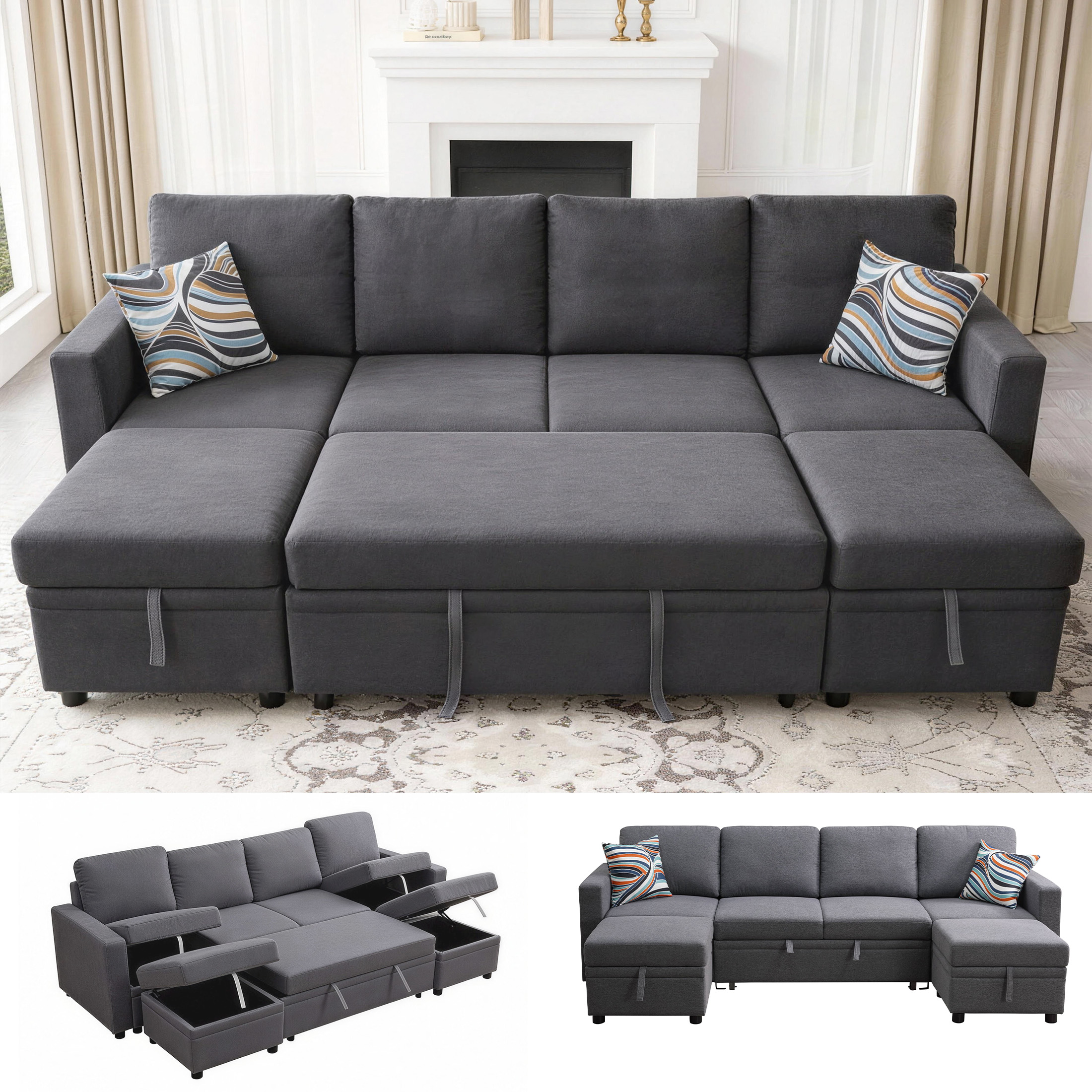 AENKYO 102" U-Shaped Sectional Sofa Bed, Linen Pull Out Sleeper Couch with Storage Seats for Living Room，Dark Gray
