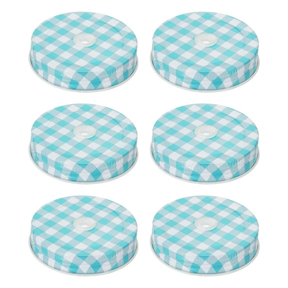 6pcs Mason Jar Lids 2.76" Tinplate Canning Covers with Straw Hole, Blue Gingham