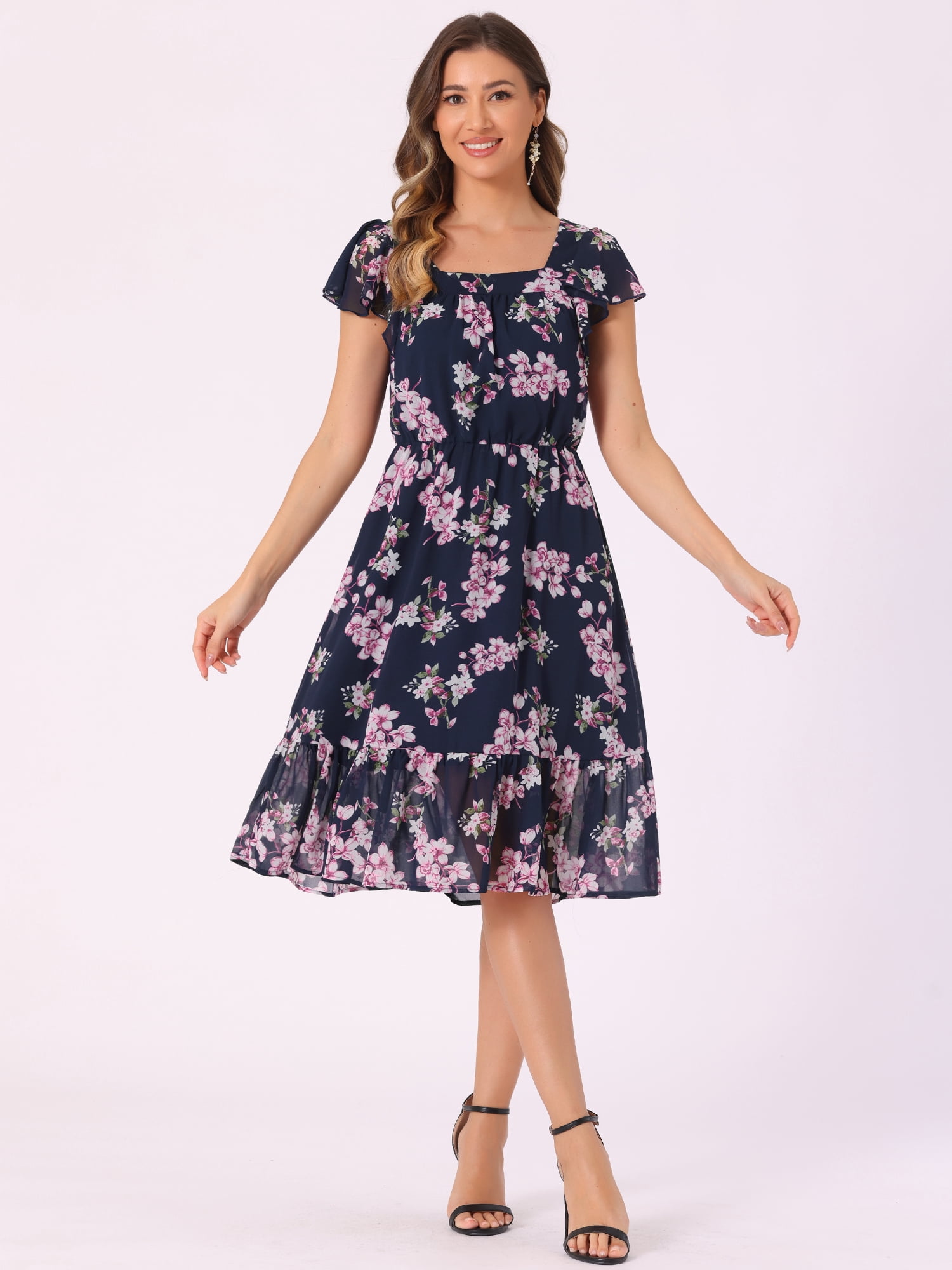 DARING DIVA Square Neck Flutter Sleeve A-Line Midi Dress M Blue Pink