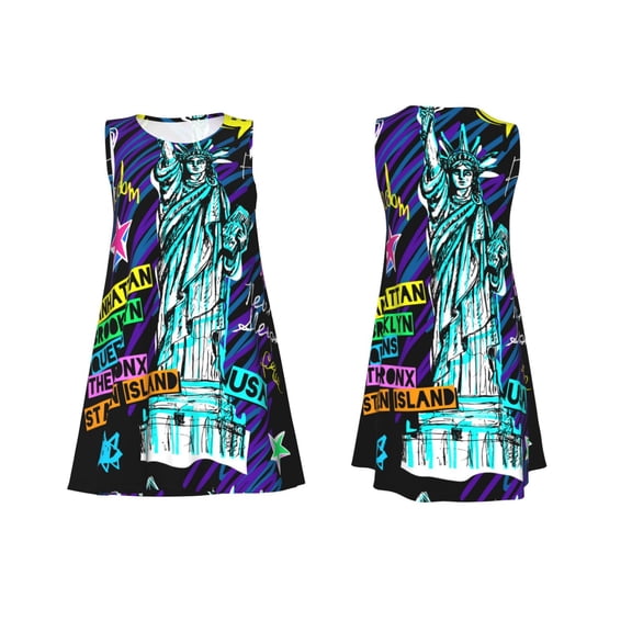 Horeoi New York City Print Women's Sleeveless Dress Cotton-like Flared Hem Deep Side Pockets Above-Knee