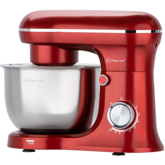 Culinary Chef 4.5 Liter 8 Speed Stand Mixer with Stainless Steel Bowl, 380 Watt Kitchen Mixer with Dough Hook, Beater, Whisk, Splash Cover, Red