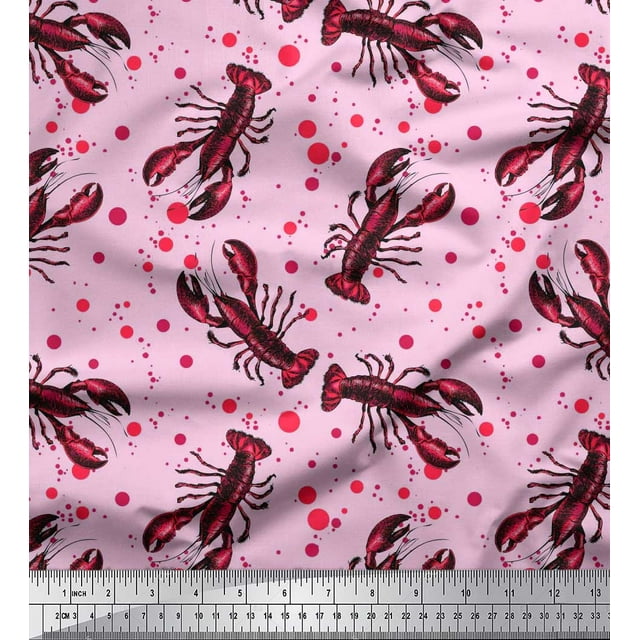 Soimoi Velvet Fabric Dot & Lobster Ocean Print Fabric by The Yard 58 Inch Wide