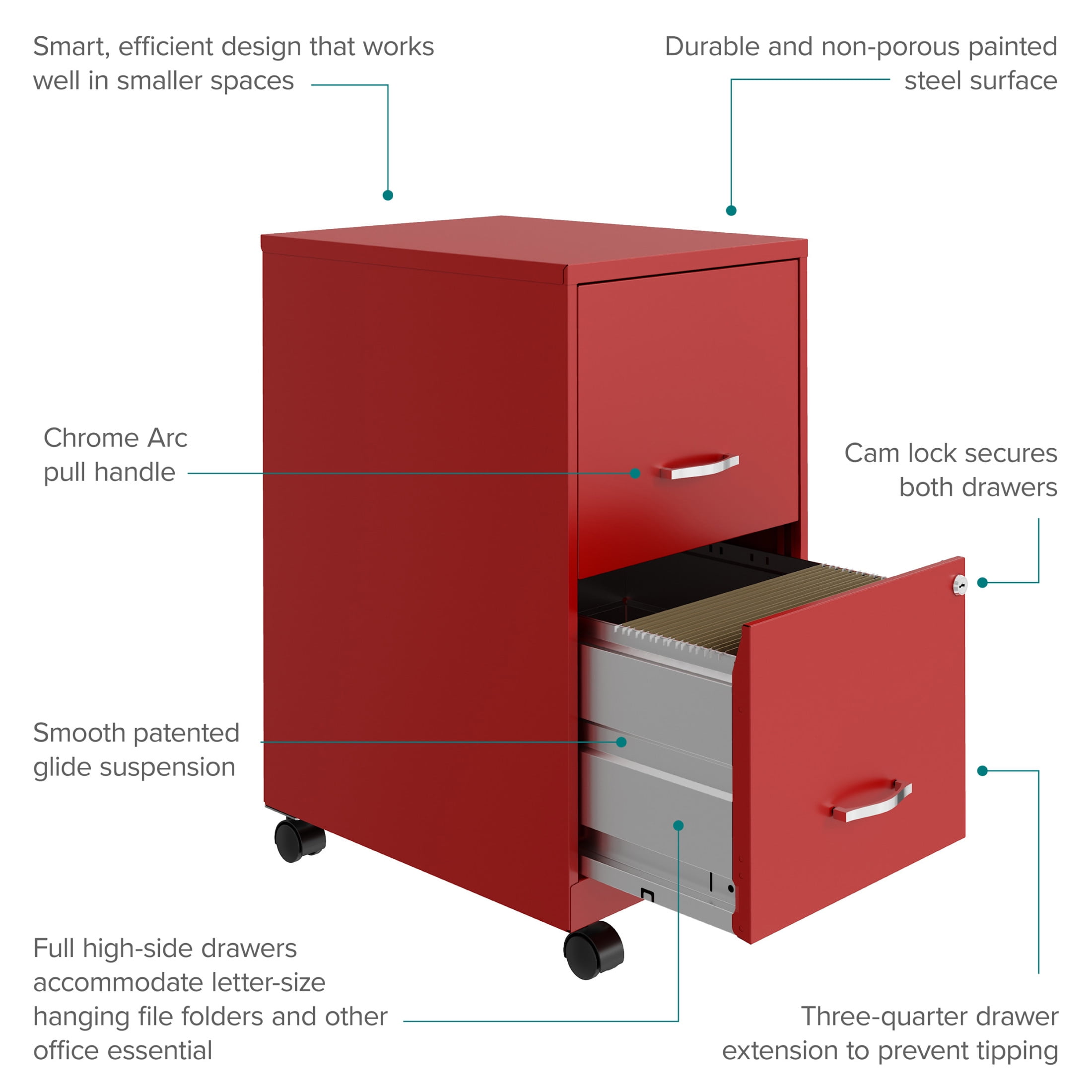 Space Solutions 18" Deep 2 Drawer Mobile Letter Width Vertical File Cabinet, Red