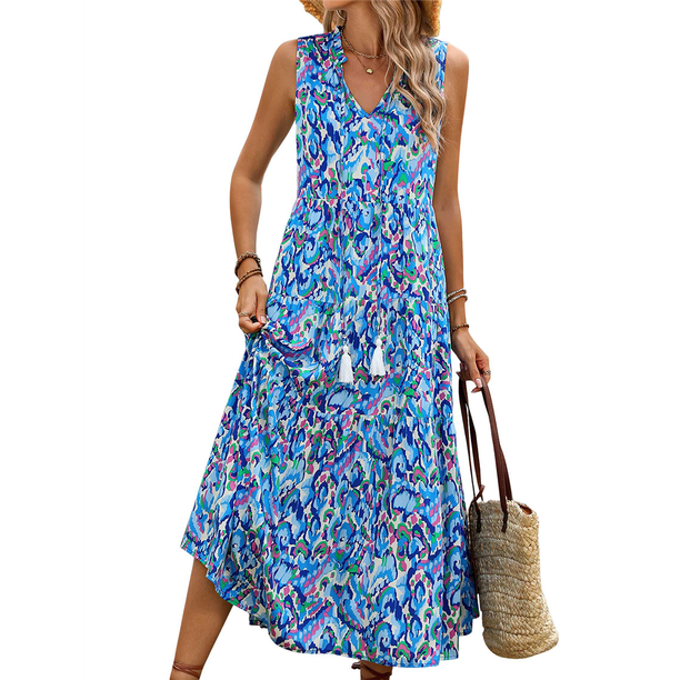 Vestido de Verano para Mujer, Sin Mangas, Bohemio, Floral, con Escote en V, Lazo Frontal, Flecos y Fluido Azul M