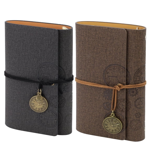 2 Pieces PU Leather Bound Journal with 6 Ring Binders, Vintage Refillable Travelers Notebook with Lined, Blank, Grid, Brown Paper, Scrapbook Journal Diary with Pendant for Writing (A6, 160 Pages)