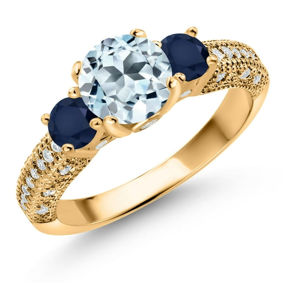 Gem Stone King 18K Yellow Gold Plated Silver Sky Blue Topaz Blue Sapphire and White Moissanite Engagement Ring for Women (2.48 Cttw, Gemstone November Birthstone, Round 7MM and 4MM, Size 6)
