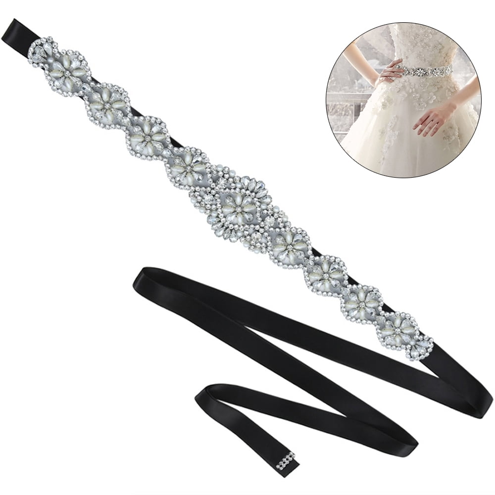 yanstar Silver Bridal Rhinestone Wedding Belts Hand Crystal Beads Belt Black SAS