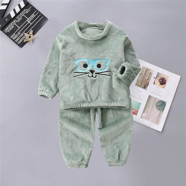 Pyjamas pour Filles Ensemble Confort à Manches Longues Col Rond Motif Dessin Animé Vêtements de Nuit pour Filles Vert 18M-24M