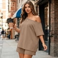 thumbnail image 5 of Dresfit Shorts Sets for Women Short Sleeve Crew Neck Off Shoulder Tops & Mini Shorts 2 Piece Outfits Summer 2026 Loose Wrinkle Resistant Outfits S, 5 of 6