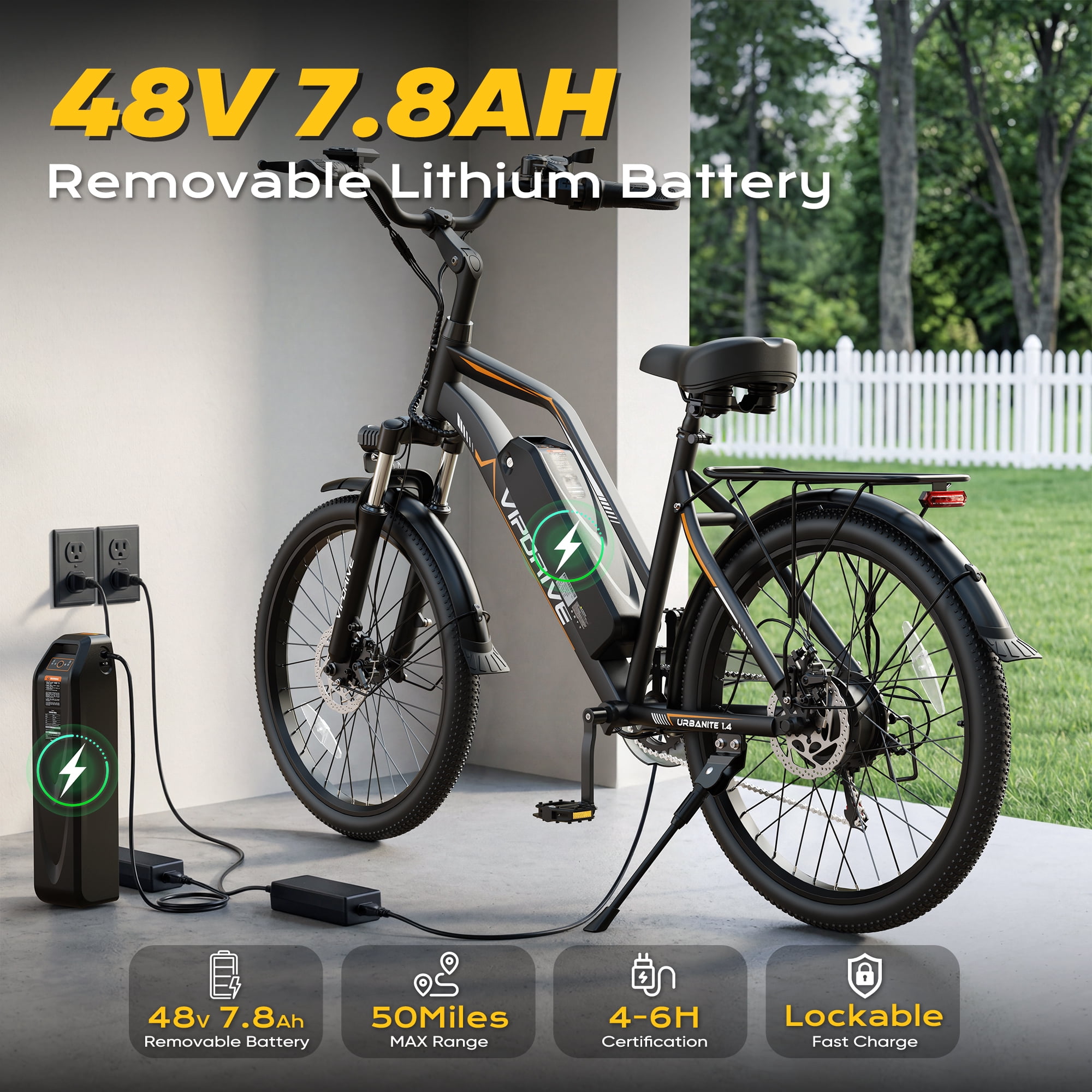 VIPDRIVE Electric Bike - 24'' Adult E Bike, Peak 750W 20MPH City Cruiser E-Bike with 48V7.8AH Removable Battery with Fork Suspension and Dual Disc Brakes（UL2849)