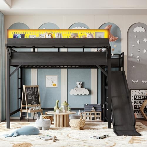 Full Size Metal Loft Bed Frame with Slide, Storage Shelves & Built-in Wardrobe, Black