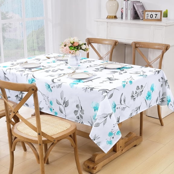 Teal Floral Tablecloth, Watercolor Flower Table Cloth, Spring Summer Waterproof Table Cover, Wrinkle Free Tablecloth for Outdoor Dining Table Parties, Teal and Gray, 55x55 Inch